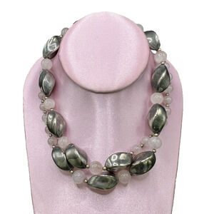 OOAK Pink Moonstone & Metallic Silver Swirl Beads w/ Sterling Fillers Necklace